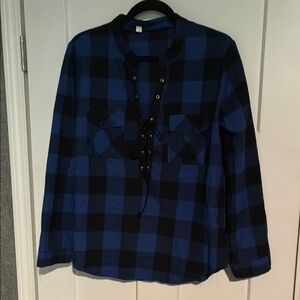 Blue and Black Plaid Lace-Up Shirt